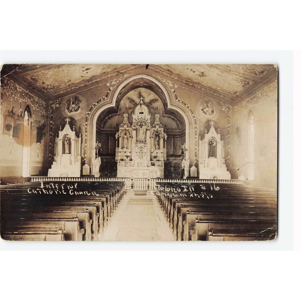 RPPC c1910 Catholic Church Interior Tolono Illinois IL Altar Real Photo Card